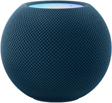 White HomePod mini in front as a Blue HomePod mini appears from behind and rotates to be side by side.