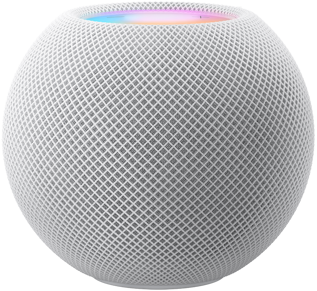 Valkoinen HomePod mini, jonka yläpuolella värikkäät pikselit muodostavat sanan ”mini”.