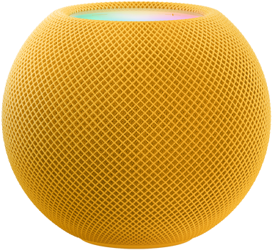 Keltainen HomePod mini, jonka yläpuolella värikkäät pikselit muodostavat sanan ”mini”.