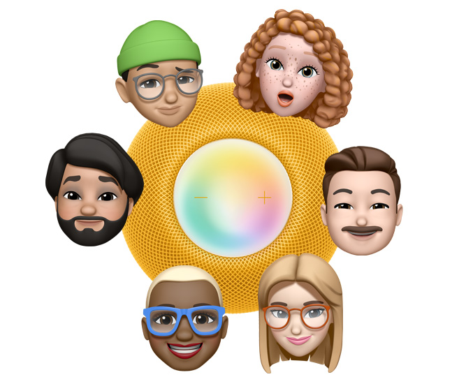 黃色 HomePod mini 的俯視圖被 6 個不同的 Memoji 表情圍繞，其中 3 個人物說出「嘿 Siri」並顯示在旁邊的藍色對話框中。