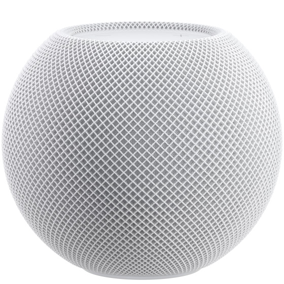 A white HomePod mini shot from the side