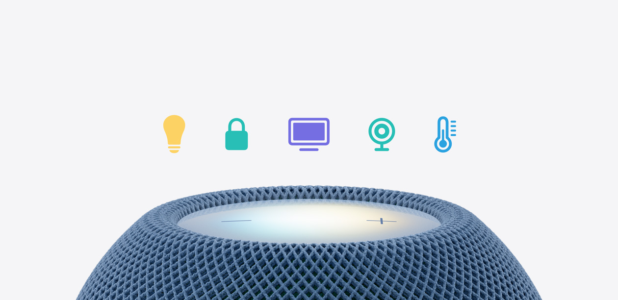 HomePod mini 2, vue du dessus, bleu, surface tactile lumineuse, cinq icônes de maison connectée au-dessus : ampoule, cadenas, téléviseur, caméra de surveillance, thermomètre