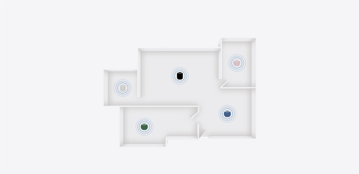 Enceintes HomePod et HomePod mini 2 dans plusieurs couleurs placées dans différentes pièces d’une maison