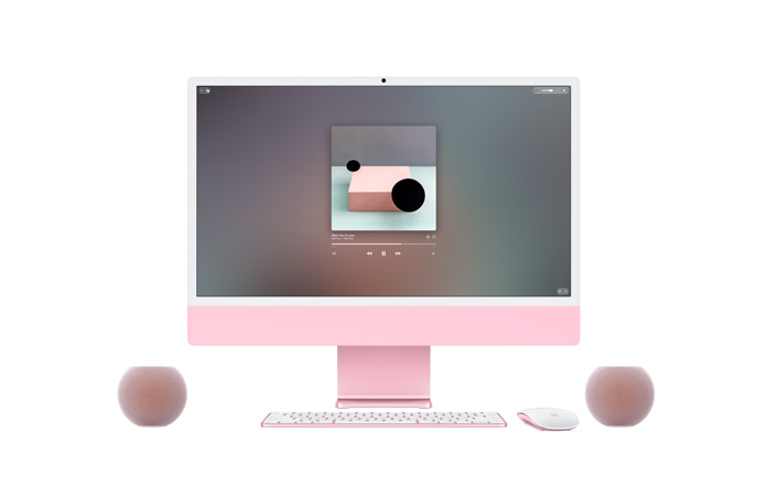 iMac rose, face avant, Apple Music en cours de lecture à l’écran, Magic Keyboard et Magic Mouse assortis, encadré par deux enceintes HomePod mini 2 roses en paire stéréo