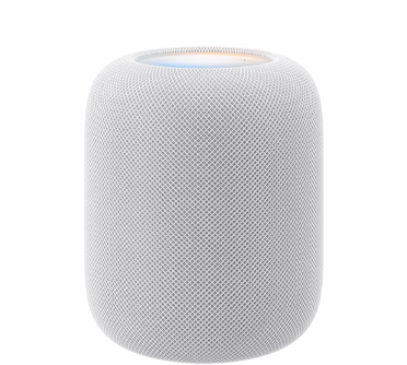 HomePod (2nd generation), white colour, front exterior, cylindrical design, seamless acoustic mesh fabric. Top exterior, flat backlit touch surface, multi-colored illumination
