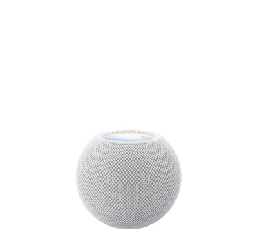 HomePod mini 2, white colour, front exterior, compact spherical design, seamless acoustic mesh fabric. Top exterior, flat backlit touch surface, multi-colored illumination