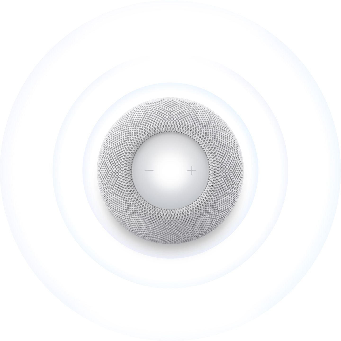 HomePod mini 2, white colour, top exterior, soft blue concentric sound waves radiate outward from speaker