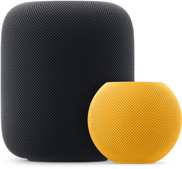 Yellow HomePod mini in front and to the right of a Midnight HomePod.