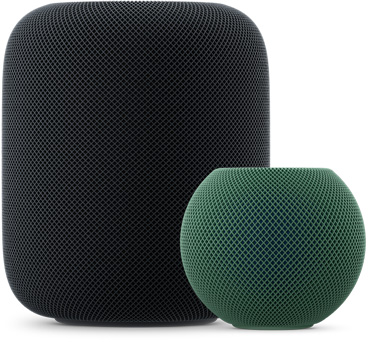 HomePod in midnight colour beside HomePod mini 2 in green colour, size comparison showing larger cylindrical HomePod next to compact spherical HomePod mini 2