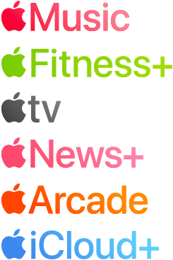 Apple subscription services logotypes including Apple Music, Fitness+, Apple&nbsp;TV, Apple News+, Apple Arcade, iCloud+