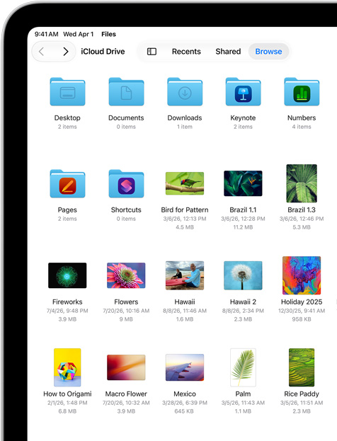 iPad-kijelző fájlokkal és mappákkal az iCloud Drive-ban