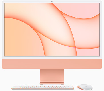 Oranžinės spalvos „iMac“ vaizdas iš priekio