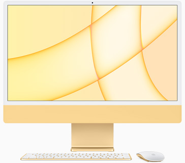 Geltonos spalvos „iMac“ vaizdas iš priekio