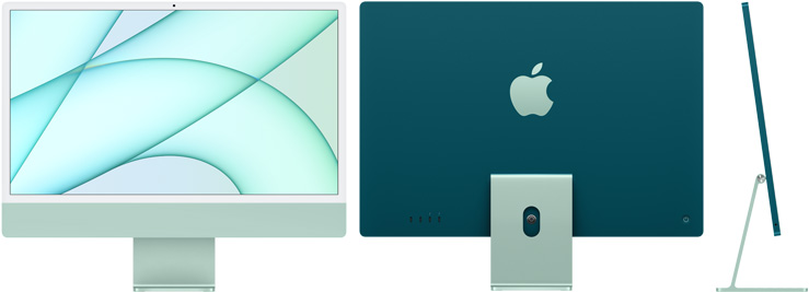 Front, back, and side view of iMac in green