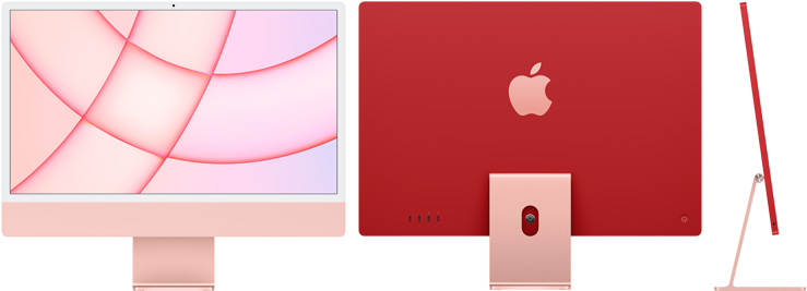 Front, back, and side view of iMac in pink