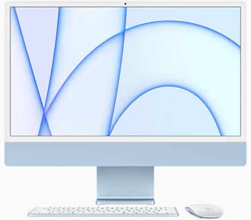 Tampilan depan iMac biru