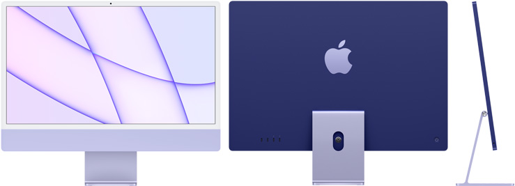 Přední, zadní a boční strana fialového iMacu