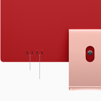 Detail dvou portů Thunderbolt / USB 4 a dvou portů USB 3 růžového iMacu