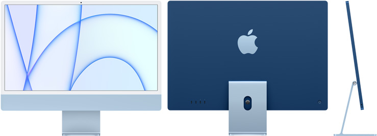 صورة أمامية وخلفية وجانبية لجهاز iMac باللون الأزرق