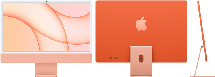 صورة أمامية وخلفية وجانبية لجهاز iMac باللون البرتقالي