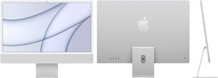صورة أمامية وخلفية وجانبية لجهاز iMac باللون الفضي