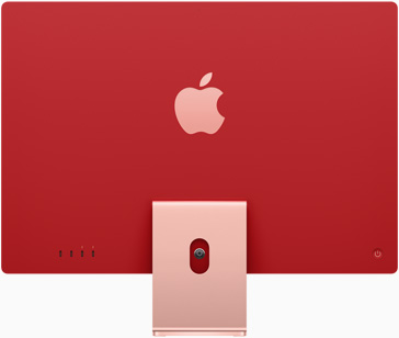 iMac vu de derrière, avec le logo Apple centré au-dessus du pied, en rose