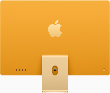 黃色 iMac 背面，有 Apple 標誌在座架上方的中央位置