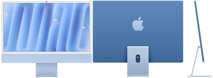 Imagem frontal, traseira e lateral do iMac azul