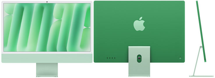 Imagem frontal, traseira e lateral do iMac verde