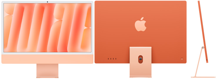 Imagem frontal, traseira e lateral do iMac laranja