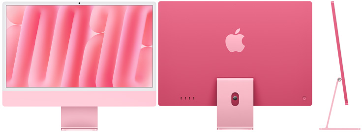 Imagem frontal, traseira e lateral do iMac rosa