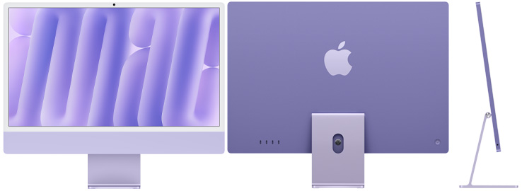 Imagem frontal, traseira e lateral do iMac roxo