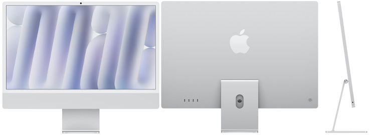 Imagem frontal, traseira e lateral do iMac prateado
