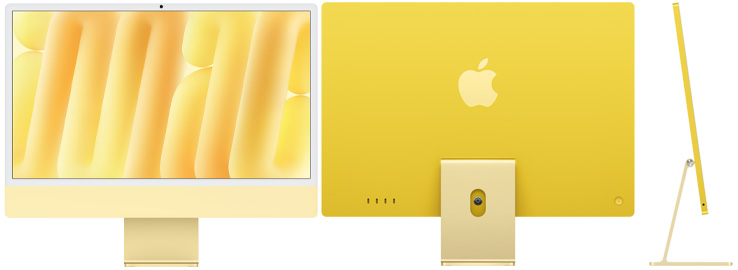 Imagem frontal, traseira e lateral do iMac amarelo