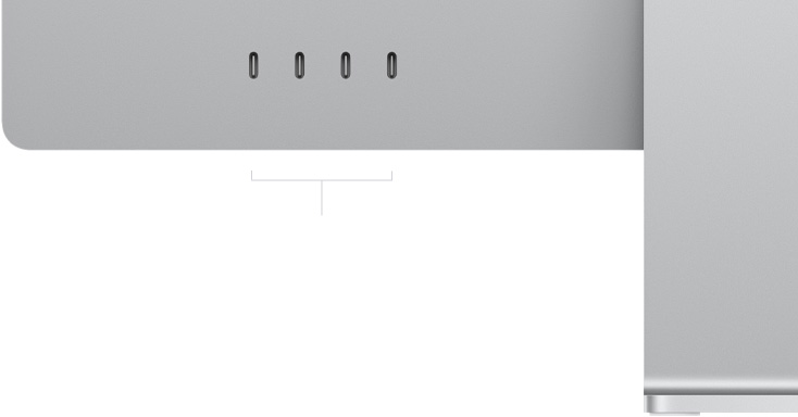 Imagem da parte de trás do iMac, canto inferior esquerdo, quatro portas Thunderbolt 4