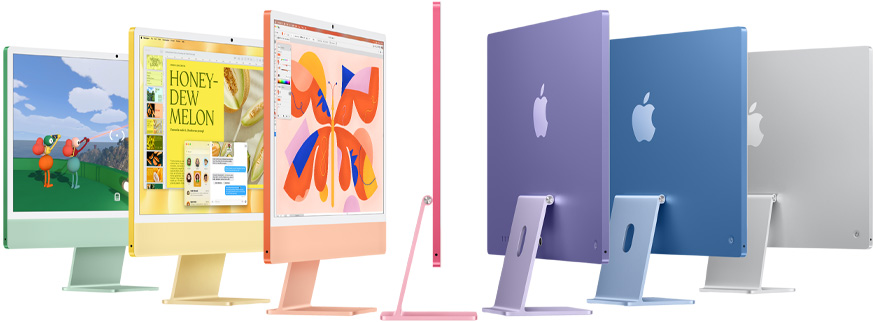 Sete modelos de iMac nas cores verde, amarela, laranja, rosa, roxa, azul e prateada, organizados como um acordeão