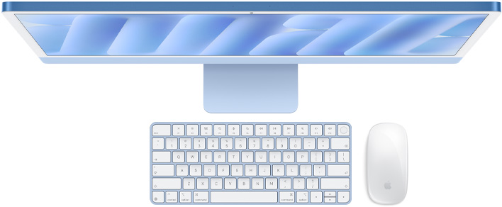 Parte de cima externa do iMac azul com Magic Mouse e Magic Keyboard com Touch ID