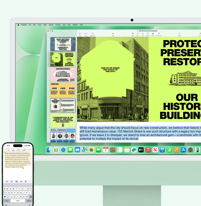 Un iMac vert et un iPhone côte à côte. Du texte est copié dans l’app Notes d’iPhone et collé sur iMac