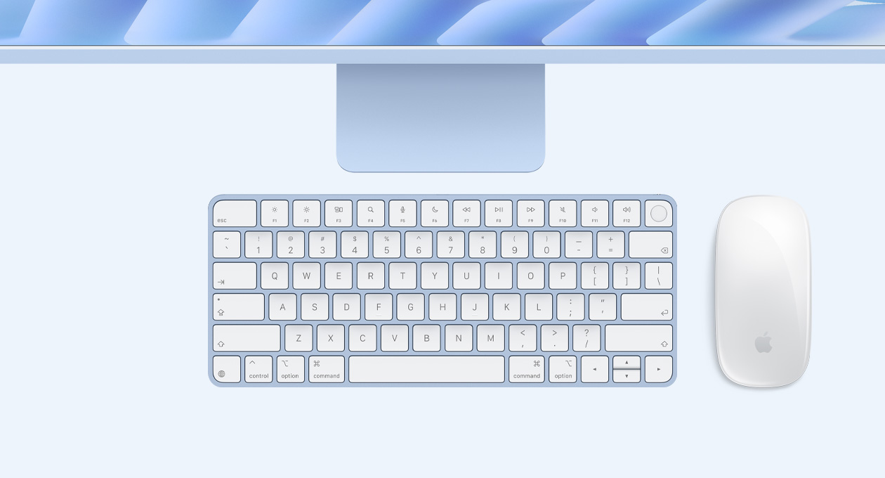 Parte de cima externa do iMac azul com Magic Mouse e Magic Keyboard com Touch ID