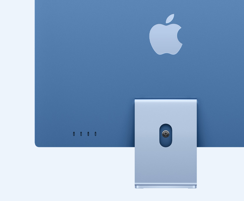 Parte de trás do iMac azul destacando as quatro portas USB-C