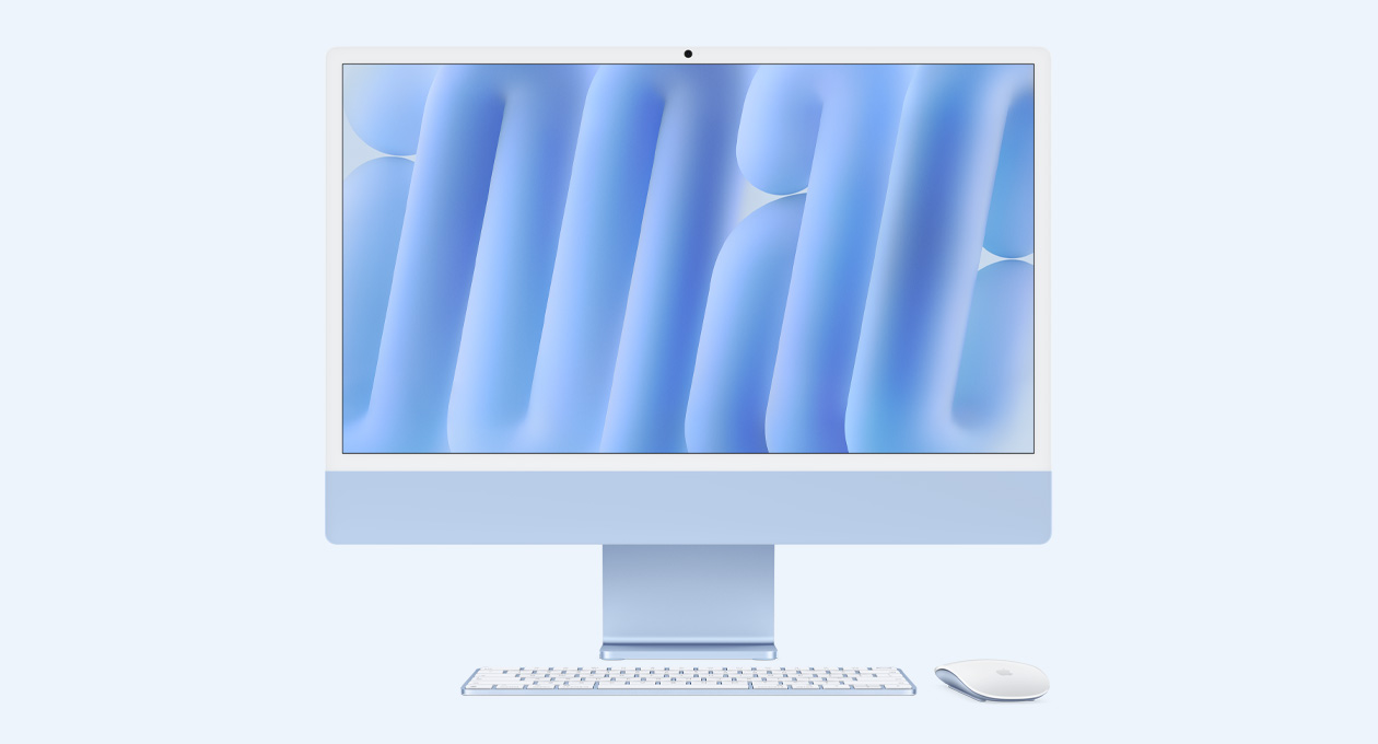 Parte da frente do iMac azul com Magic Mouse e Magic Keyboard na mesma cor