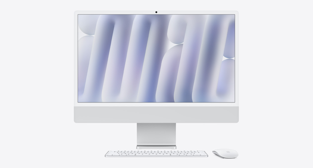 Parte da frente do iMac prateado com Magic Mouse e Magic Keyboard na mesma cor