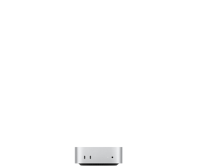 Parte da frente do Mac mini prateado com duas portas Thunderbolt, luz indicadora de status e entrada para fones de ouvido, base mais estreita na cor preta, parte superior reta, laterais arredondadas e bordas retas