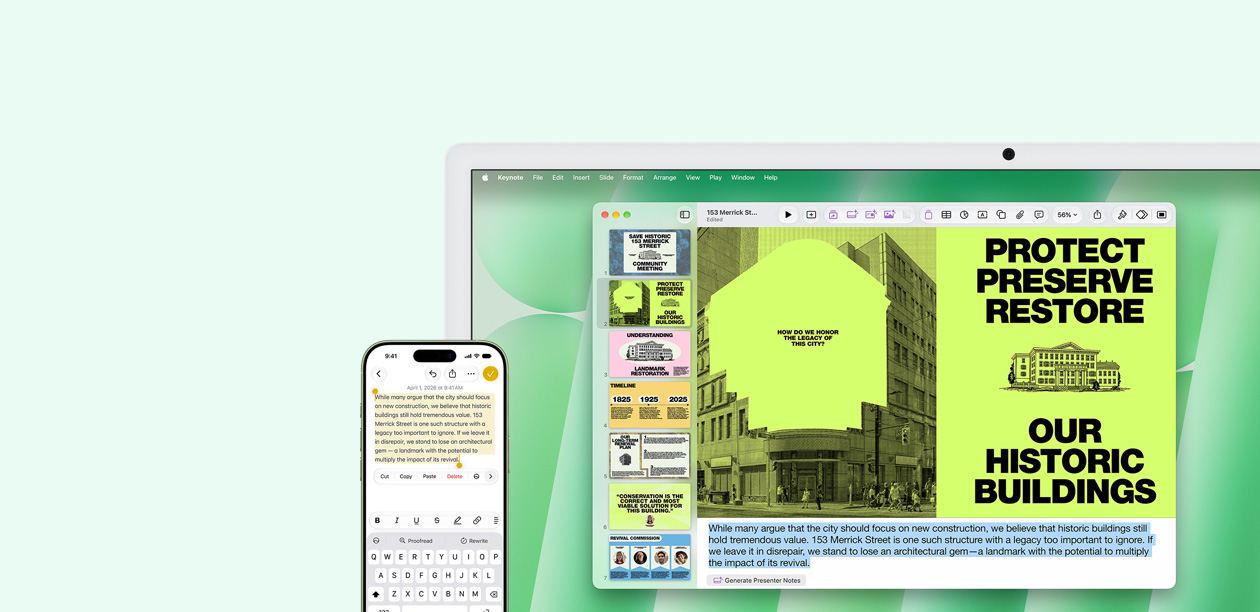 Um iMac verde e um iPhone lado a lado. O texto do app Notas do iPhone é copiado e colado no iMac