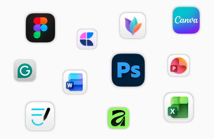 Vários ícones de apps flutuantes na tela, incluindo Adobe Photoshop, Canva, Microsoft Excel e Figma