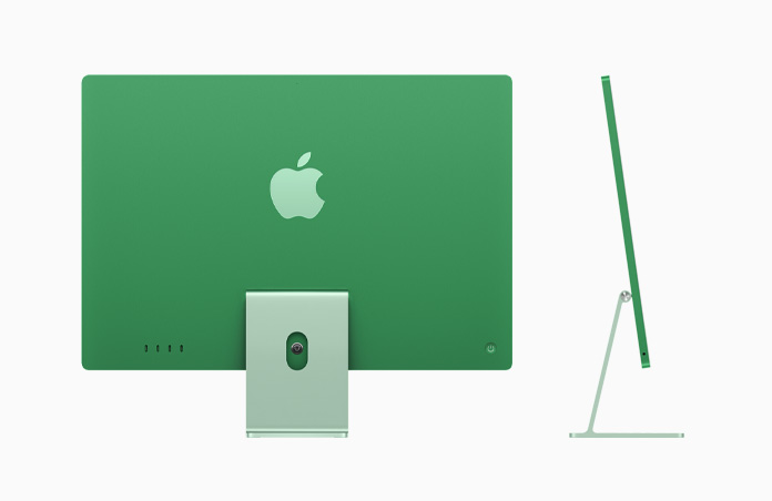 Parte de trás do iMac na cor verde. Parte lateral do iMac verde