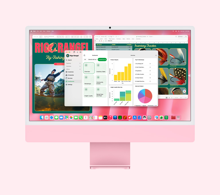 Parte da frente do iMac rosa mostrando apps de produtividade na tela