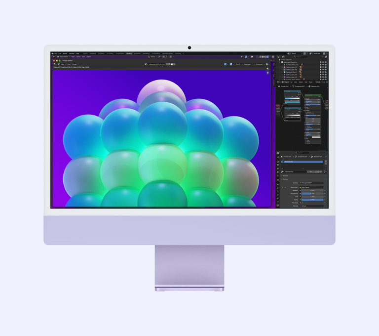 Parte da frente do iMac roxo, app Editor de Imagens mostrando uma estrutura de bolhas coloridas