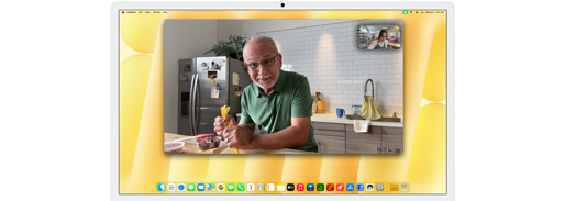 Demonstração da Visualização da Mesa. Pessoa em uma chamada de vídeo assistindo à visão de cima de uma pessoa decorando um cookie
