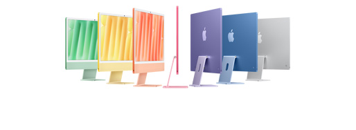 Sete modelos de iMac nas cores verde, amarelo, laranja, rosa, roxa, azul e prateado, organizados como um acordeão